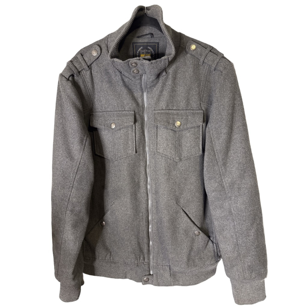 Sportier Men’s Wool Blend Bomber Jacket Gray Military Style Full Zip Size L